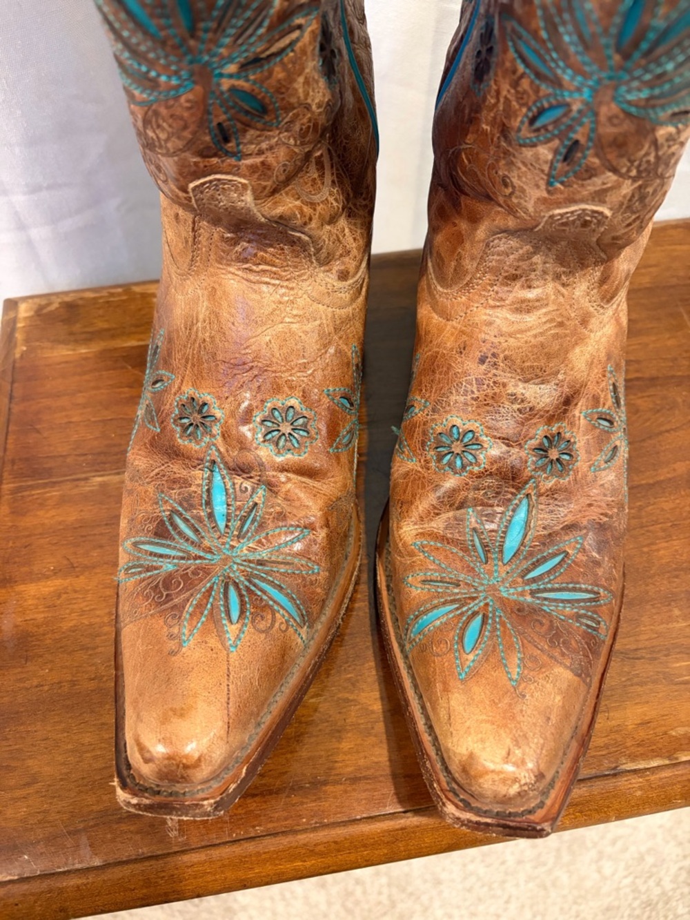 Brown Leather Cowboy Boots with Turquoise Floral Inlay